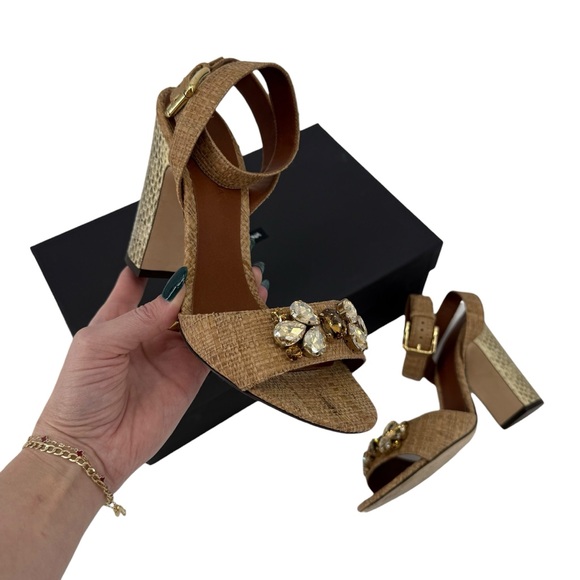 Dolce Gabbana Raffia Snakeskin Jeweled Block Heel Sandals Designer EU 40 US 10 - Picture 3 of 15